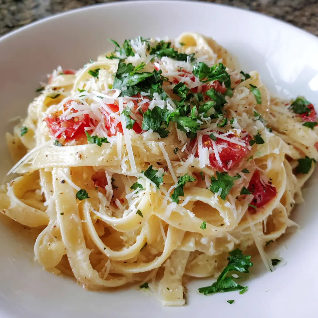 Close-up of creamy pasta with fresh tomatoes, parsley, and Parmesan, an easy Christmas pasta for weeknight dinner.