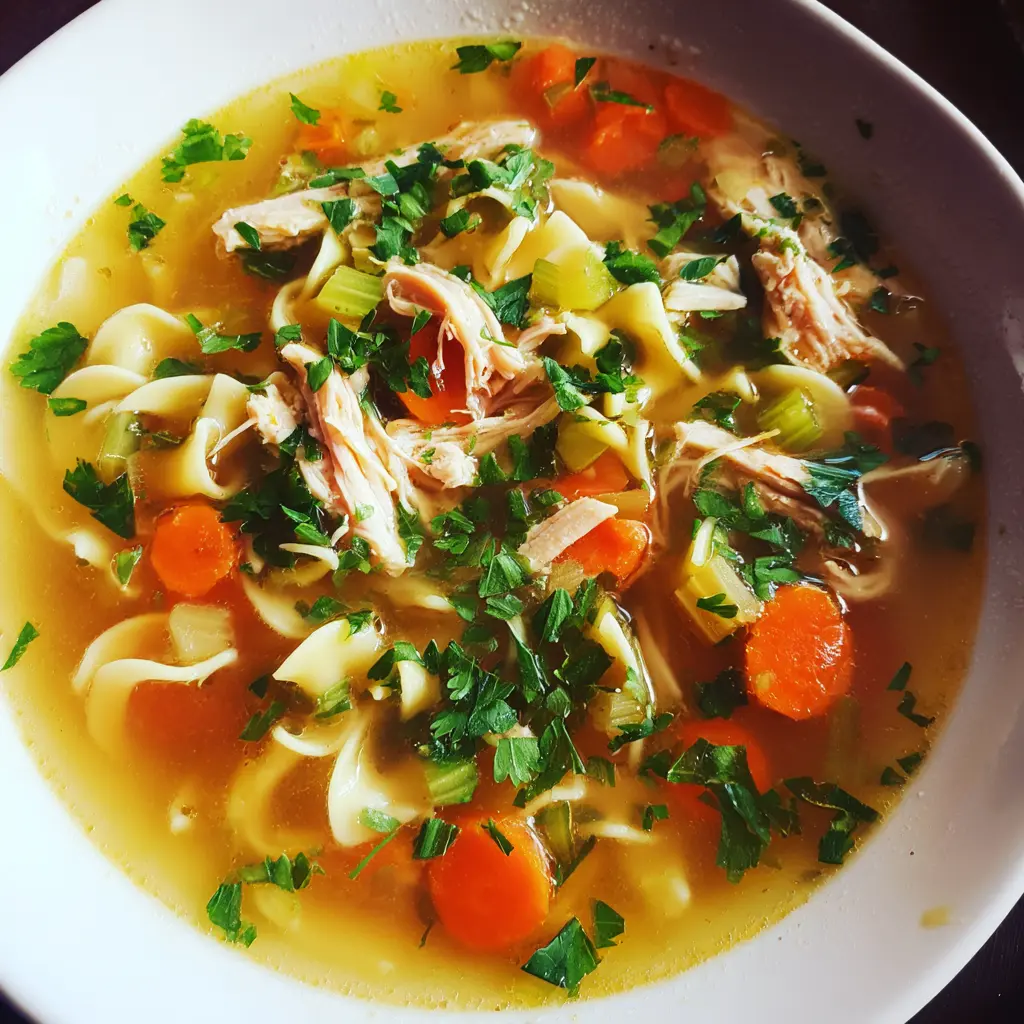 A close-up of comforting homemade turkey soup with noodles, vegetables, and fresh herbs.