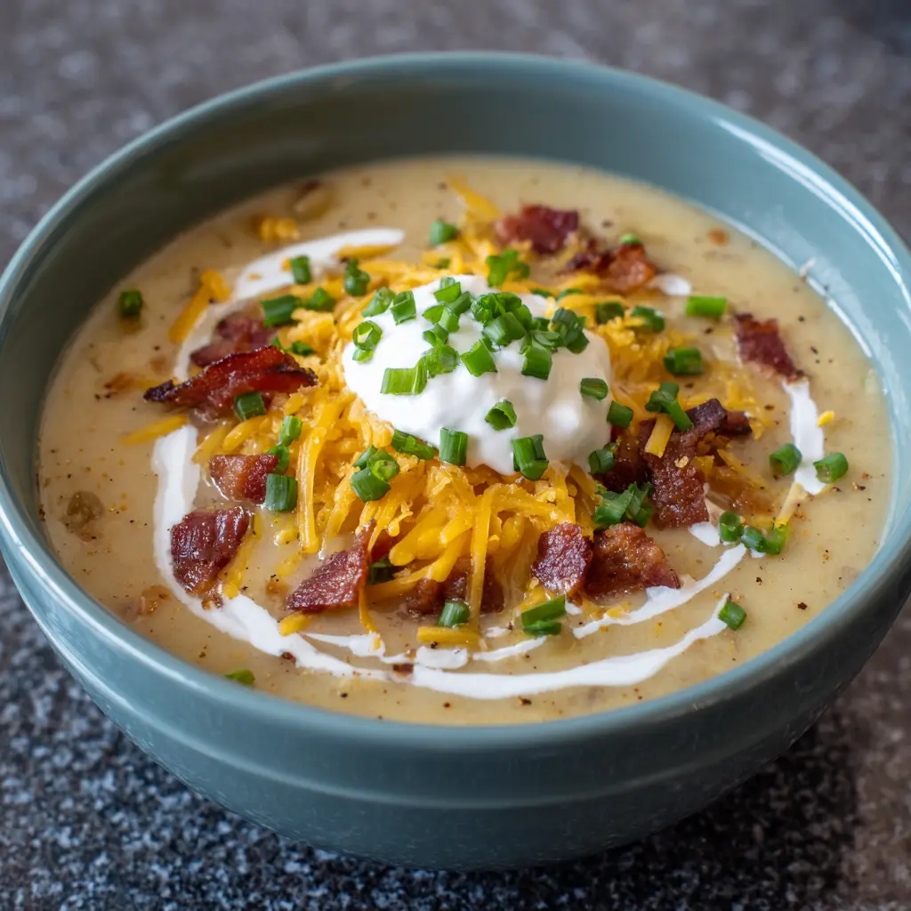 Steaming bowl of classic loaded potato soup recipe with cheese, bacon, sour cream, and chives.