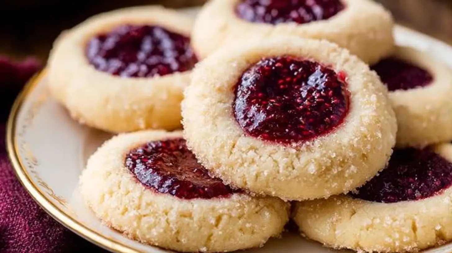 Delicious raspberry thumbprint cookies on a decorative plate.