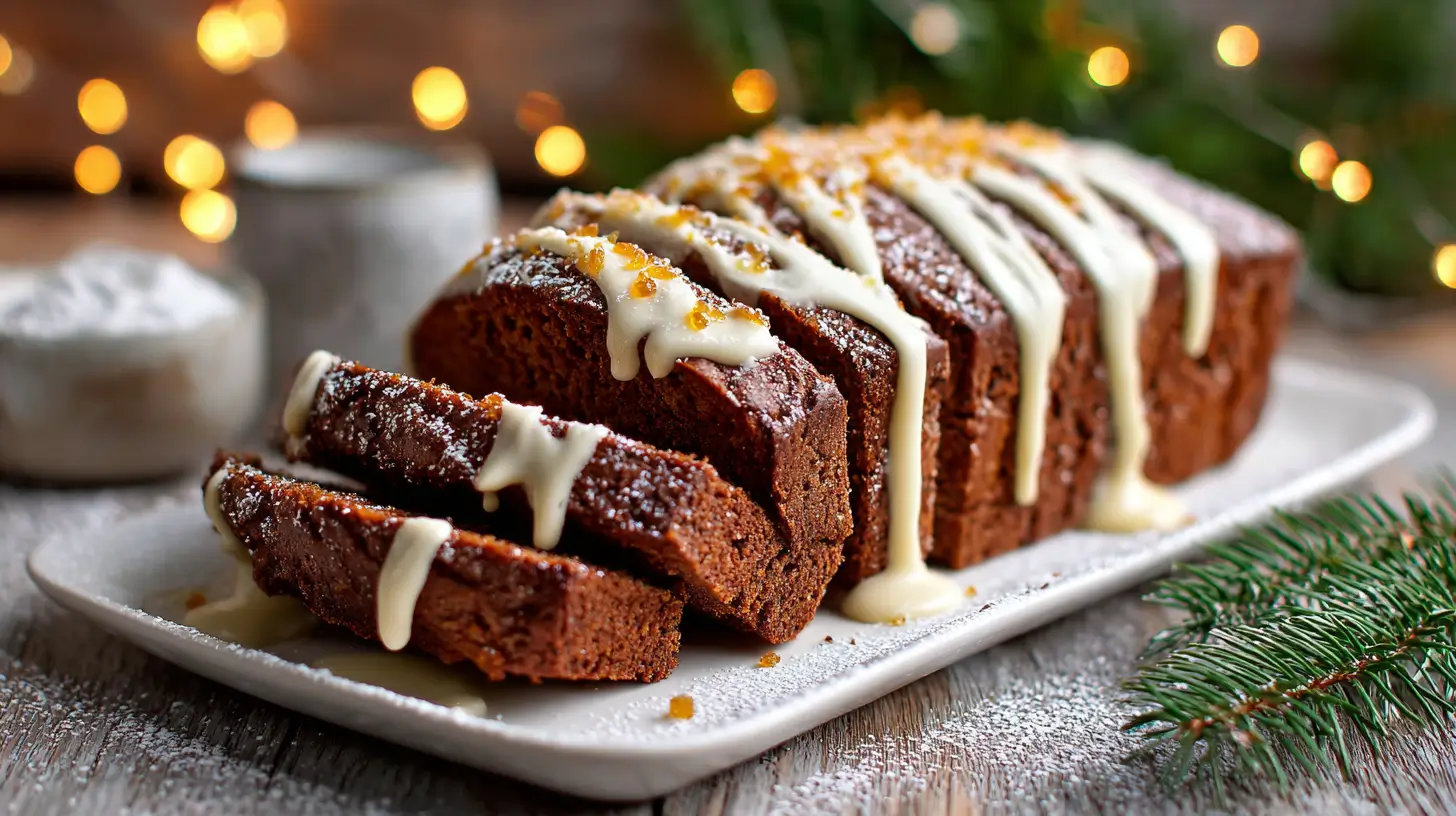 Fluffy vegan gingerbread loaf cake sliced on a white platter, drizzled with vanilla cream sauce and sprinkled with chopped candied ginger, with holiday lights and fir branches in the background.