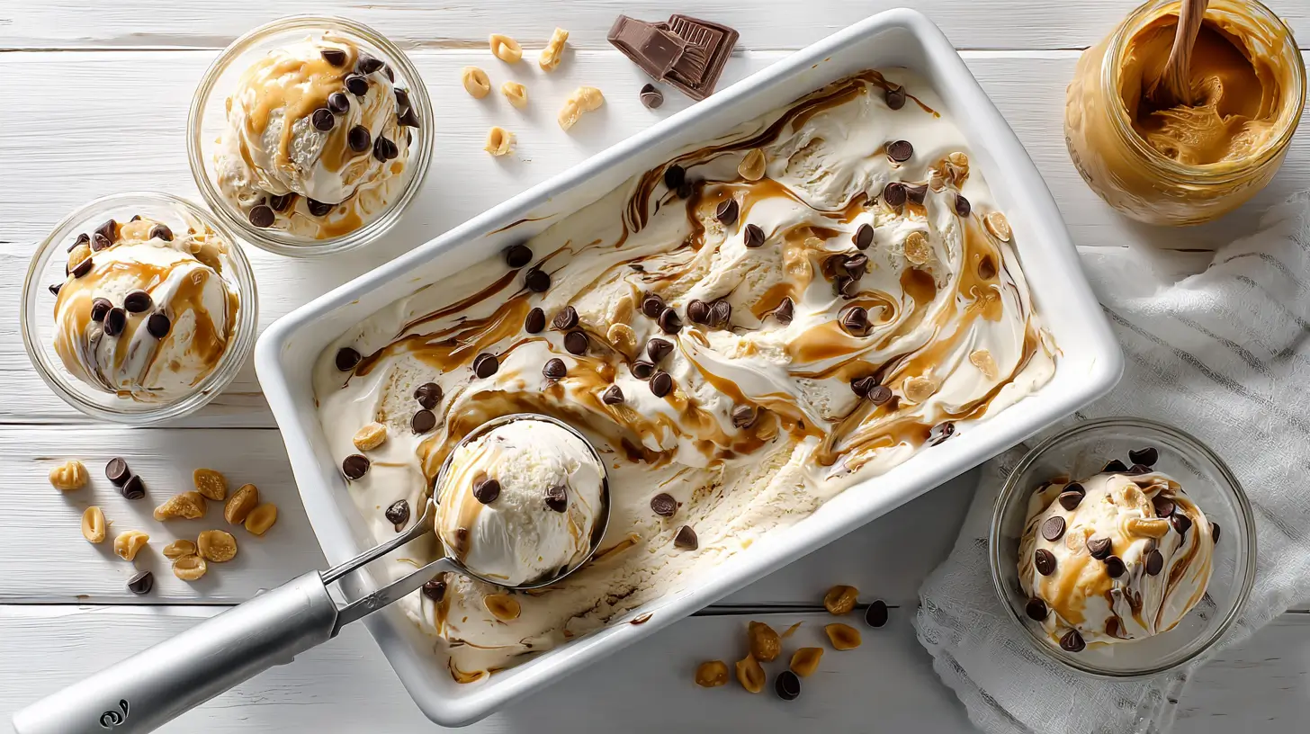 Loaf pan filled with creamy cottage cheese ice cream swirled with peanut butter and topped with chocolate chips, with scoops of ice cream in glass bowls around it on a white wooden table.