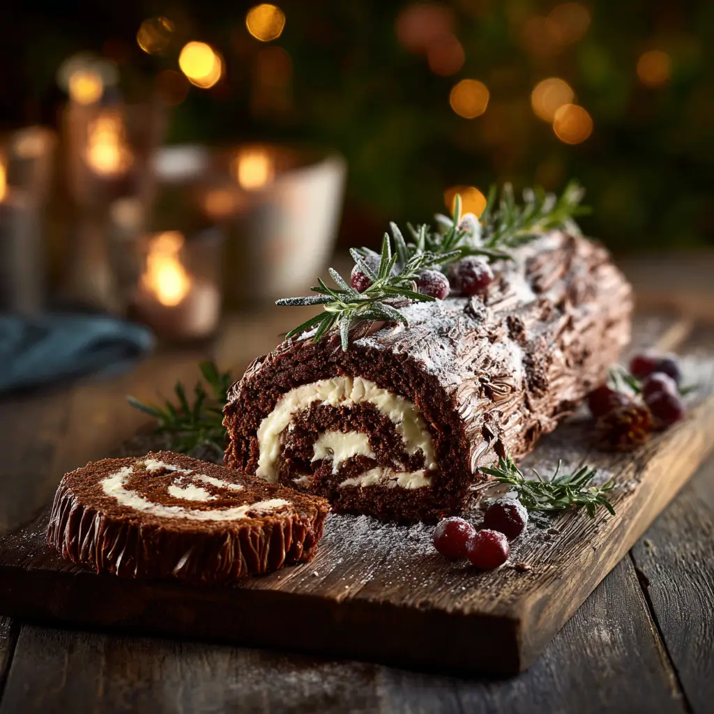 Dairy-free chocolate Bûche de Noël yule log on a wooden board, sliced to show its chocolate sponge and creamy swirl filling, topped with sugared cranberries, rosemary sprigs, and a dusting of powdered sugar in a cozy Christmas setting