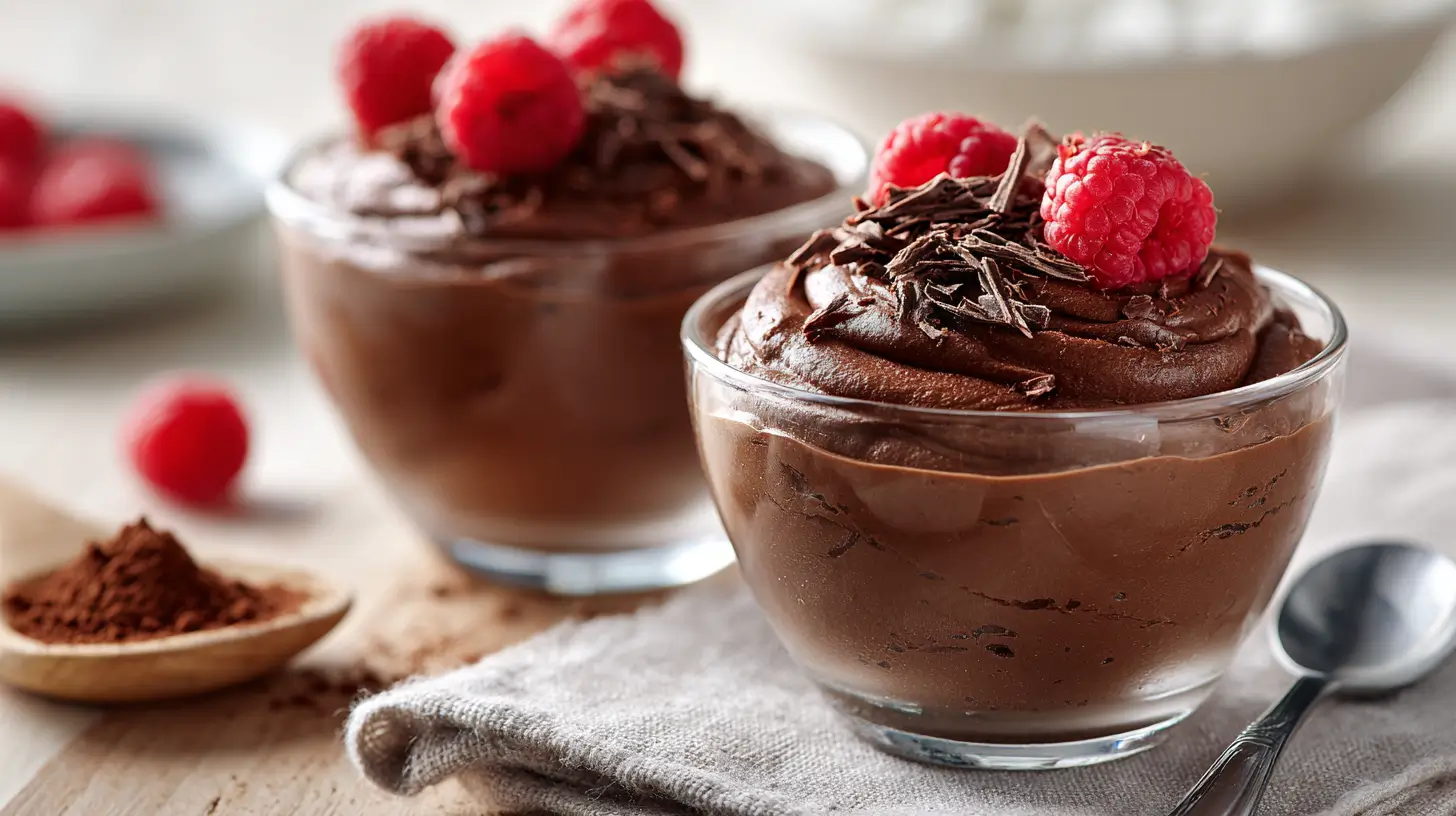 Close-up of high protein cottage cheese chocolate mousse in small glass bowls, topped with chocolate shavings and fresh raspberries on a neutral linen napkin.