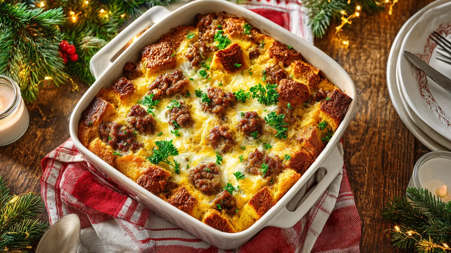 Cozy overhead shot of a golden, cheesy Christmas breakfast casserole in a white baking dish, topped with sausage and fresh parsley on a wooden table with festive greenery and twinkling lights.