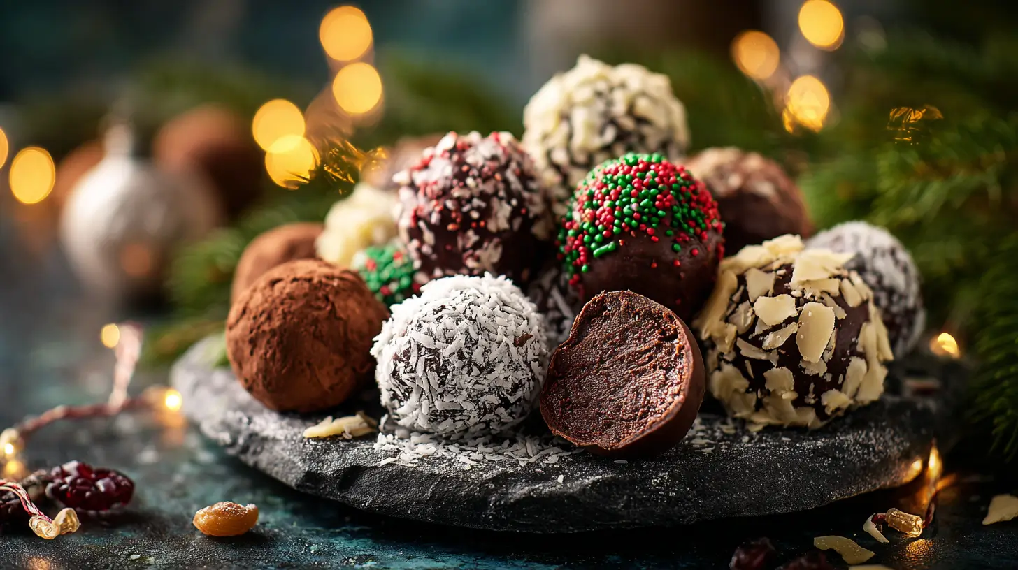 Festive close-up of assorted homemade Christmas chocolate truffles on a dark stone platter, coated in cocoa powder, shredded coconut, sliced almonds, and red and green sprinkles, with one truffle bitten open to show the smooth ganache center and blurred holiday lights in the background.