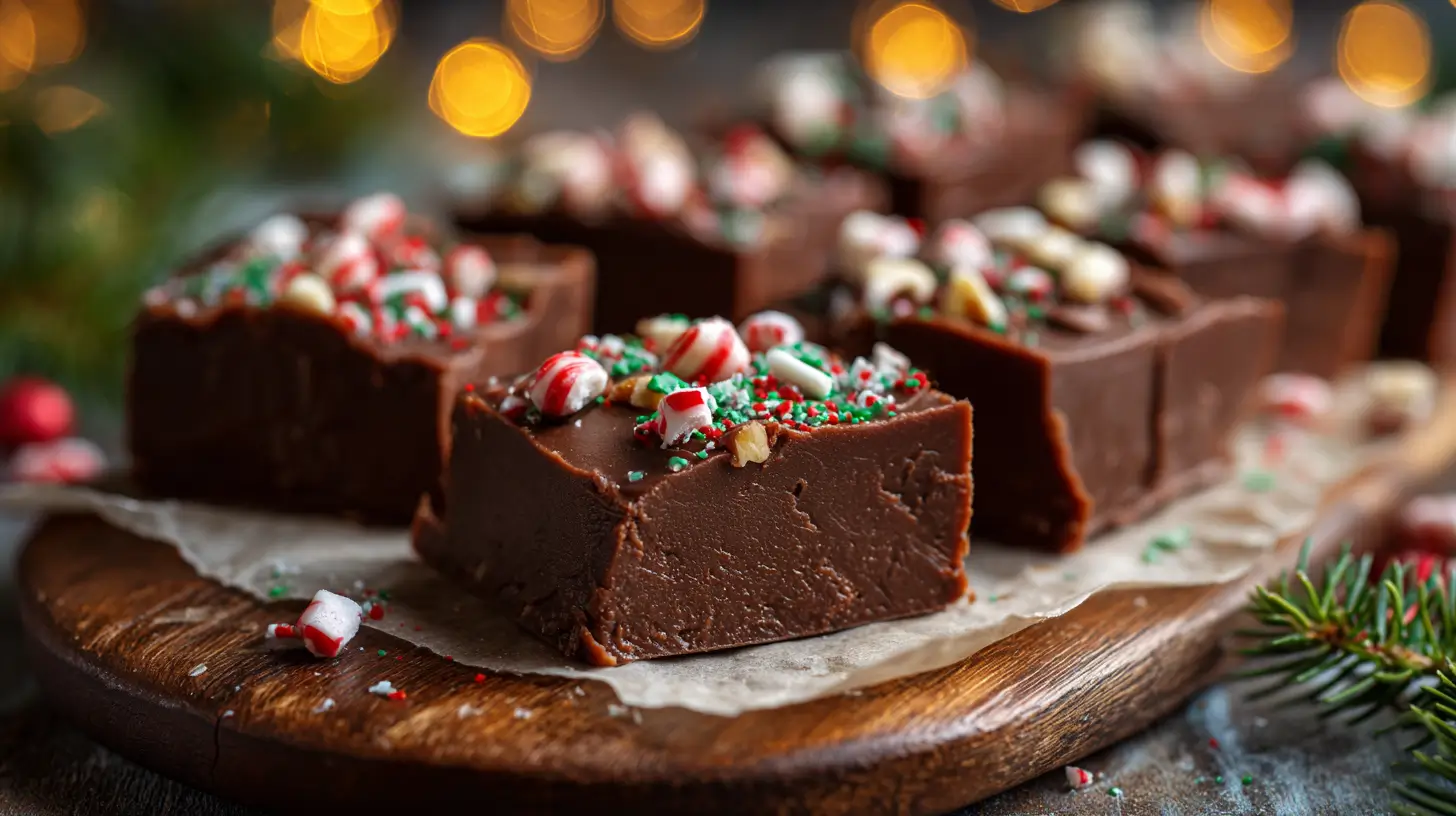 Close-up of thick squares of rich homemade Christmas fudge topped with crushed candy canes and holiday sprinkles on a wooden board.