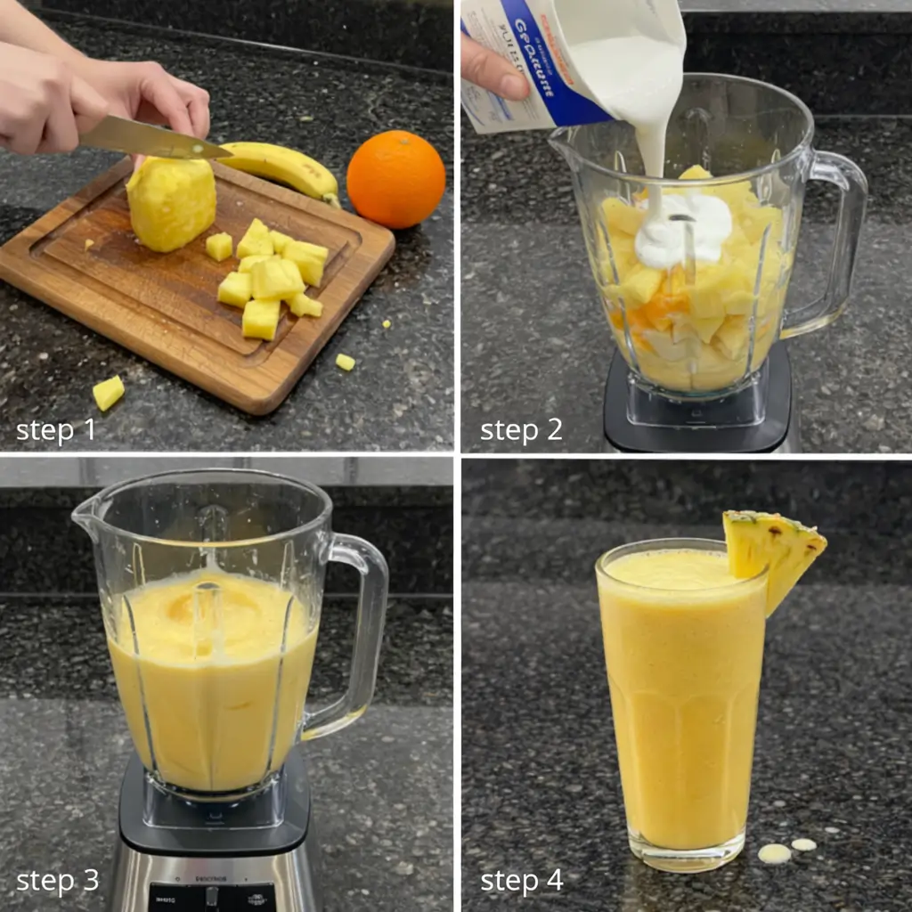 tropical-pineapple-banana-smoothie-prep Blending a tropical pineapple banana smoothie until smooth.