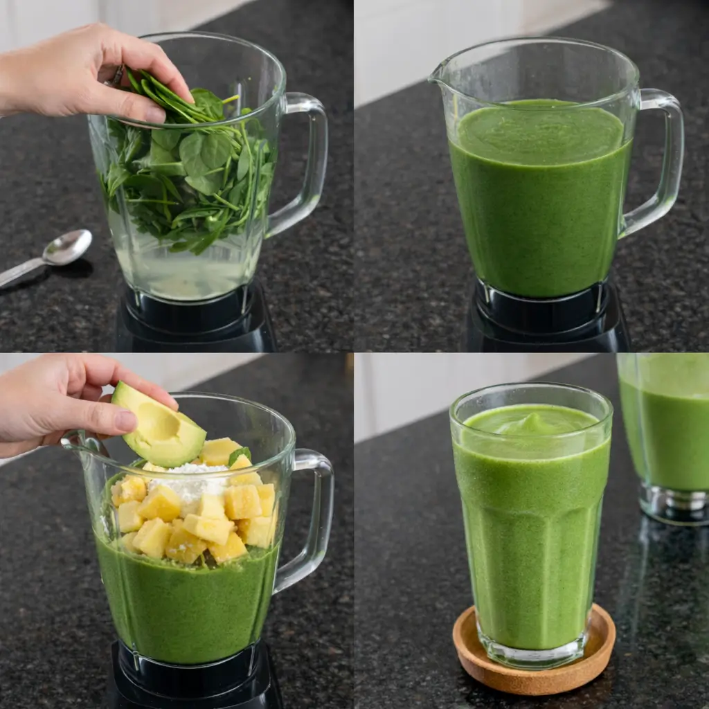clear-skin-smoothie-prep Blending a clear skin smoothie in a high-speed blender until smooth.