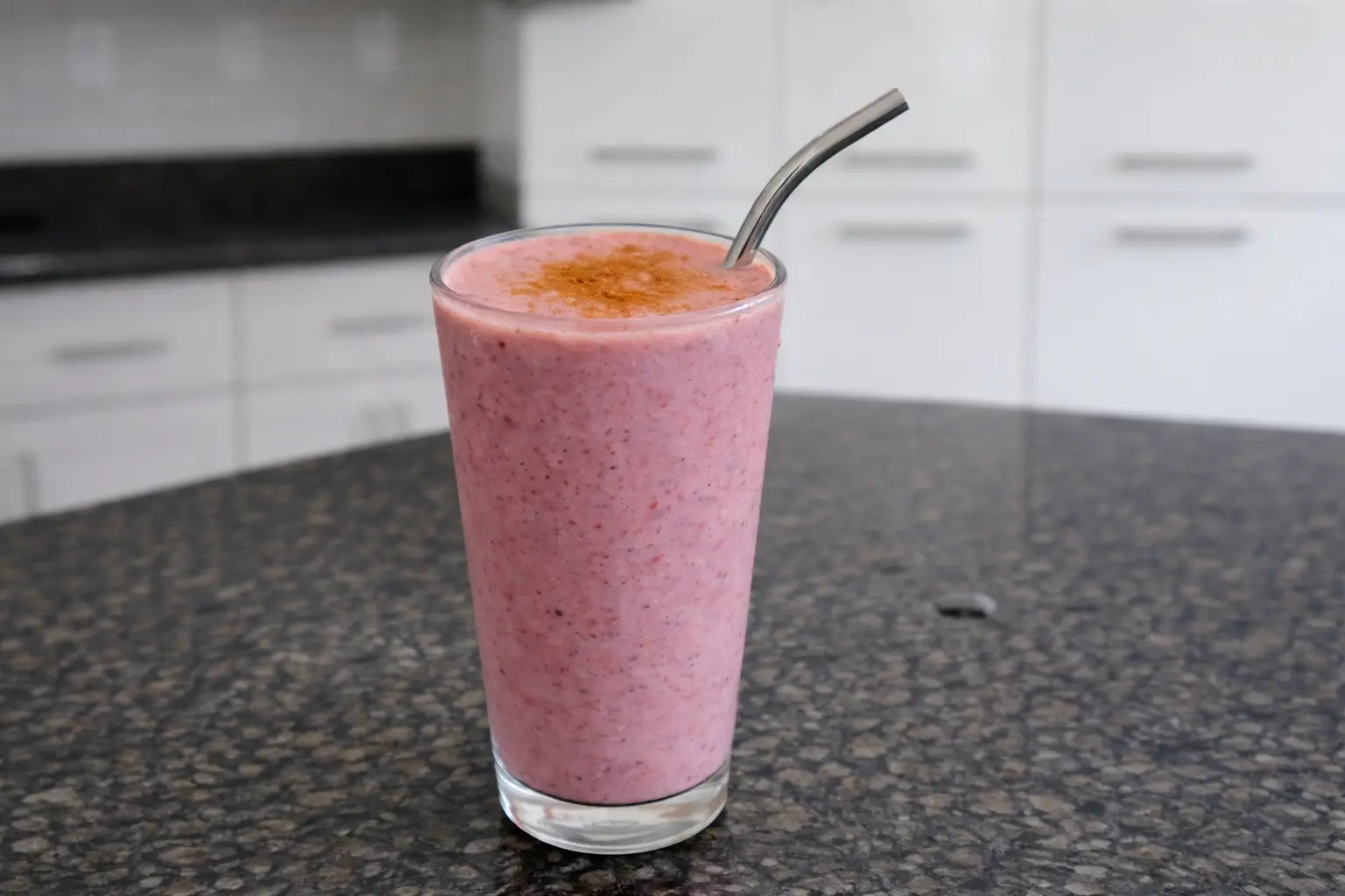 Vibrant strawberry blueberry smoothie in a glass with fresh berries.