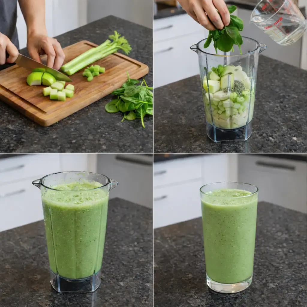 apple-celery-smoothie-prep Blending ingredients for an apple celery smoothie in a high-speed blender.