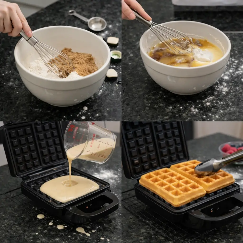 vegan-waffles-prep Pouring vegan waffle batter onto a hot waffle iron.