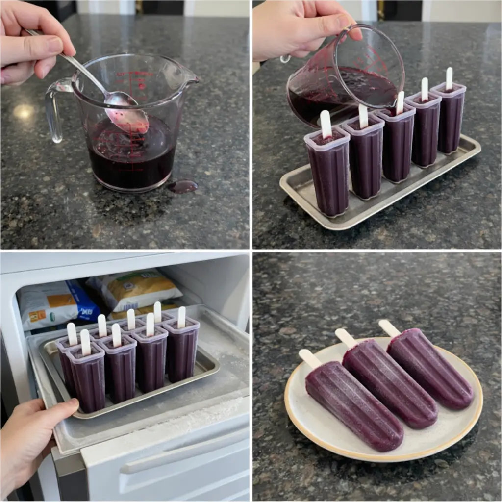 elderberry-popsicles-prep Pouring blended elderberry mixture into popsicle molds before freezing.