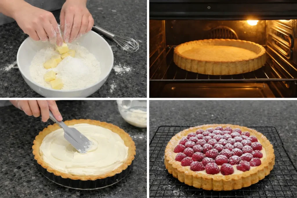 mascarpone-raspberry-tart-prep Preparing raspberry tart with mascarpone filling in a kitchen setting.