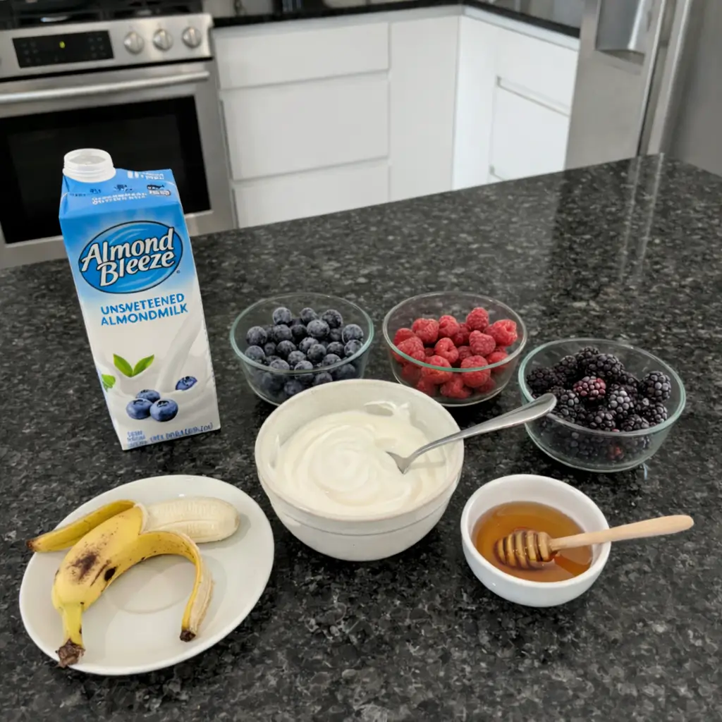 probiotic-smoothie-ingredients All probiotic smoothie ingredients: yogurt, fruit, protein, and seeds.
