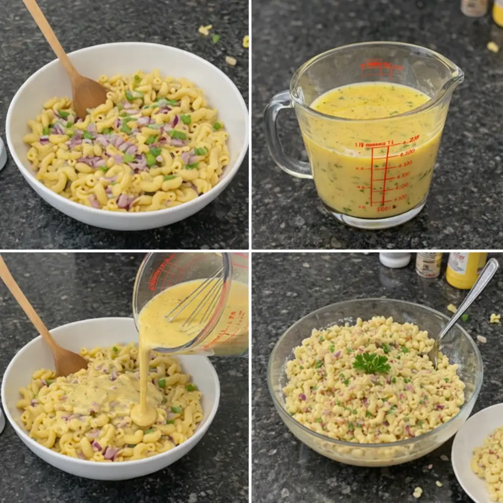 macaroni-salad-recipe-prep Preparing the macaroni salad recipe: mixing ingredients in a bowl.