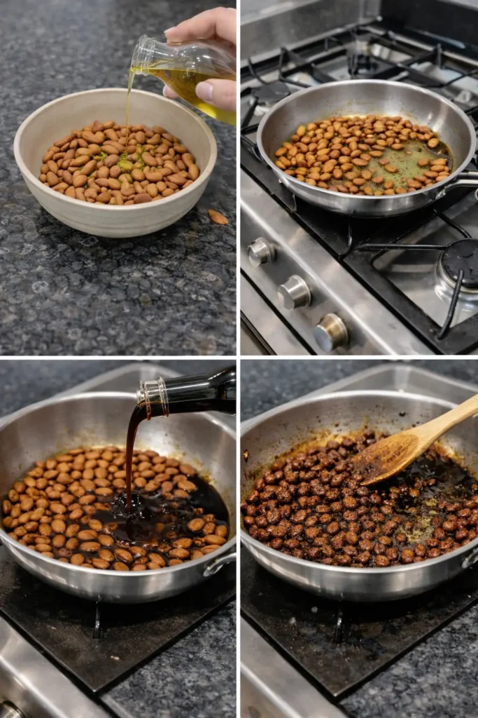 tamari-almonds-prep-steps Step-by-step: Tamari Almonds being tossed in a bowl before baking.