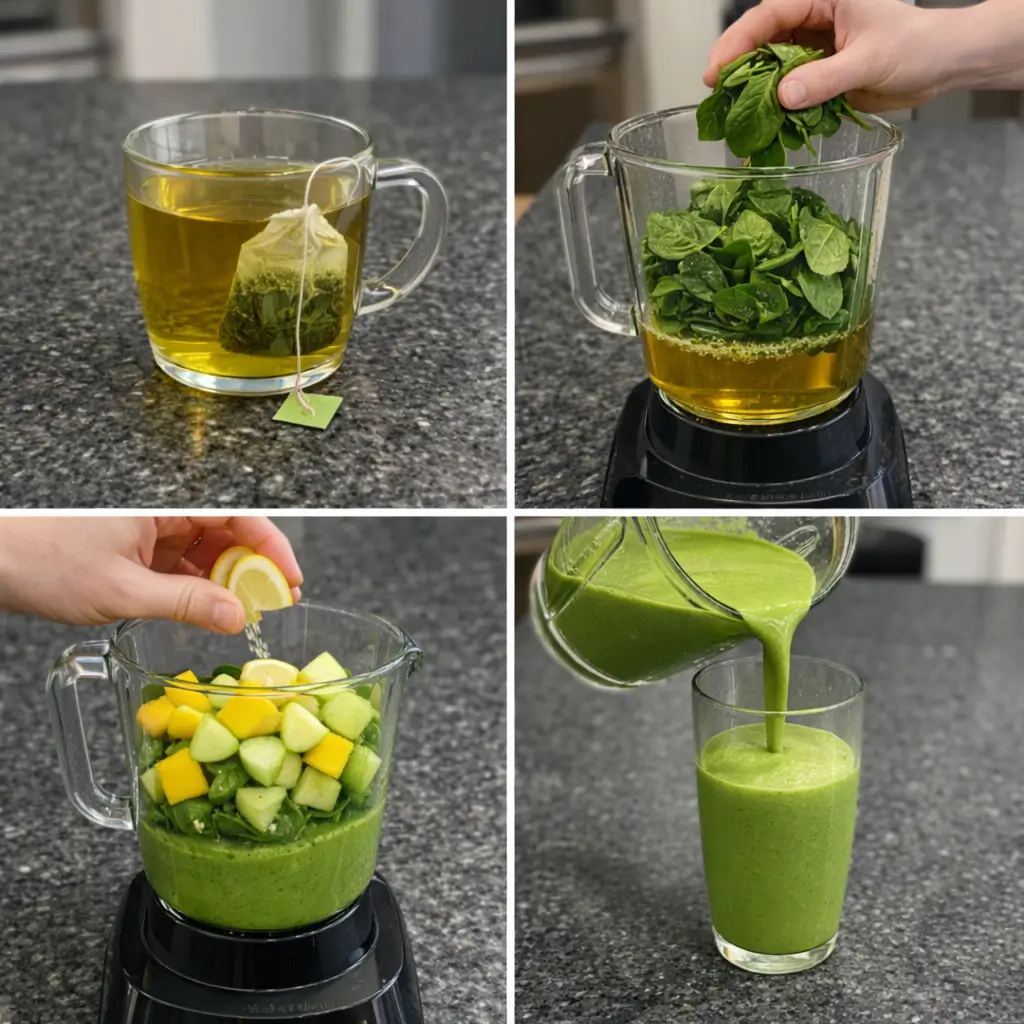 green-tea-smoothie-prep Blending a healthy green tea smoothie in a blender.