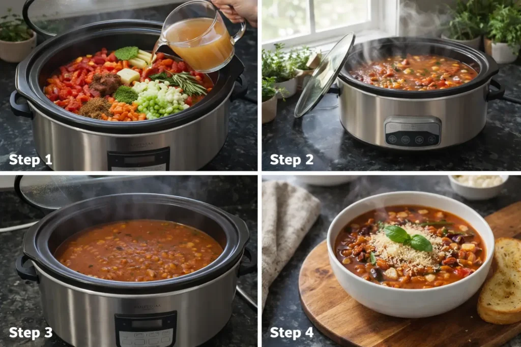 crockpot-minestrone-soup-prep Step-by-step prep of crockpot minestrone soup ingredients in slow cooker.