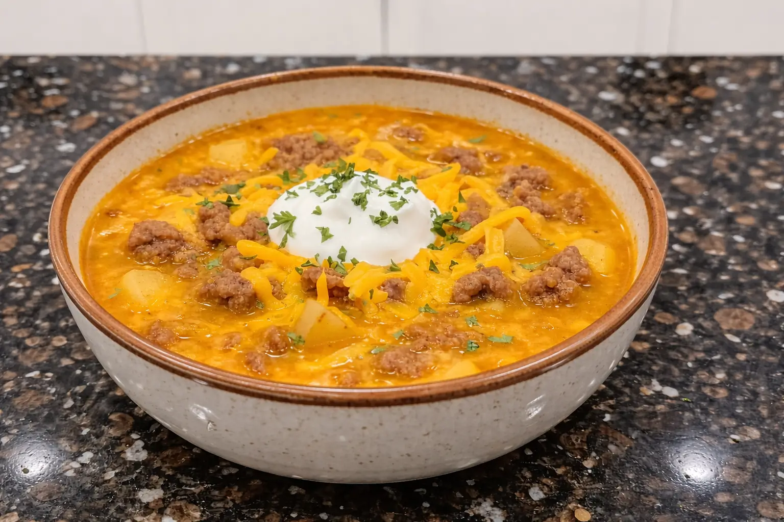 Creamy and delicious cheeseburger soup recipe served in a rustic bowl.