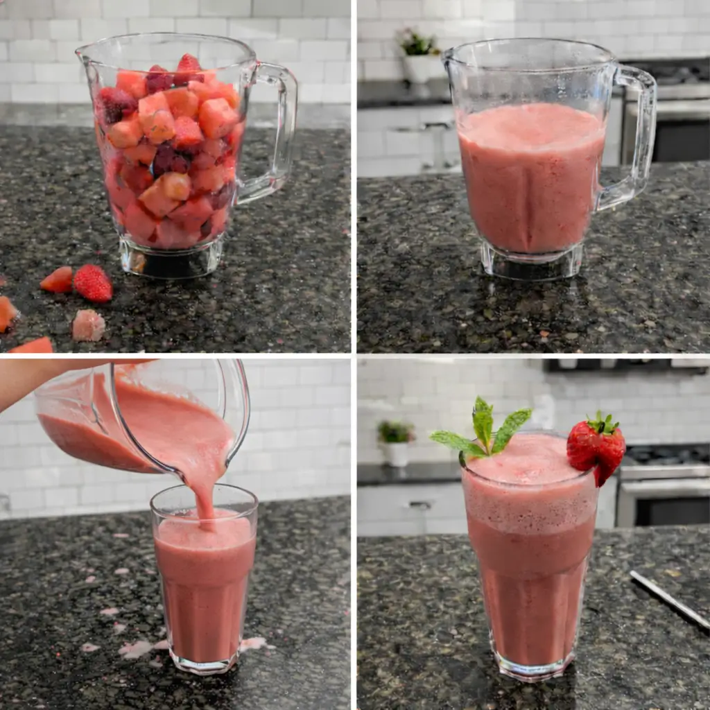strawberry-watermelon-smoothie-prep Blending a homemade strawberry watermelon smoothie in a blender.
