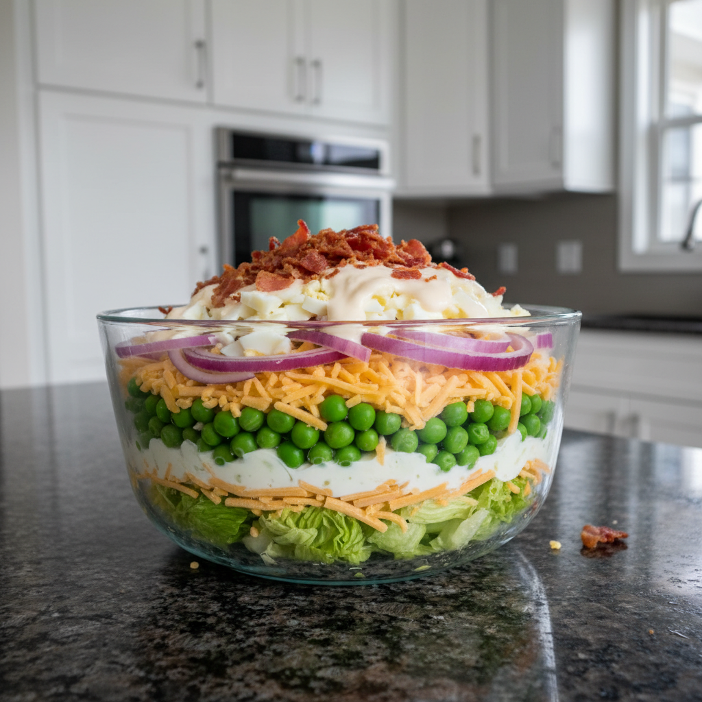 A vibrant 7 layer salad in a glass bowl showing all the layers.