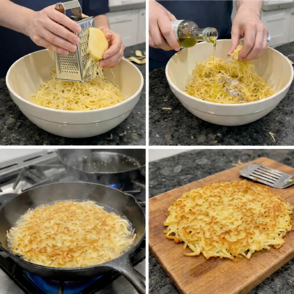 crispy-hash-browns-prep-steps Preparing crispy hash browns: grating potatoes and sautéing in a pan.