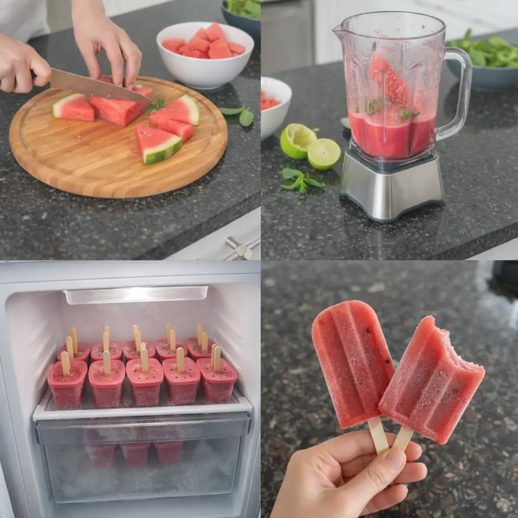 watermelon-popsicles-prep-steps Blending fresh watermelon for homemade popsicles.