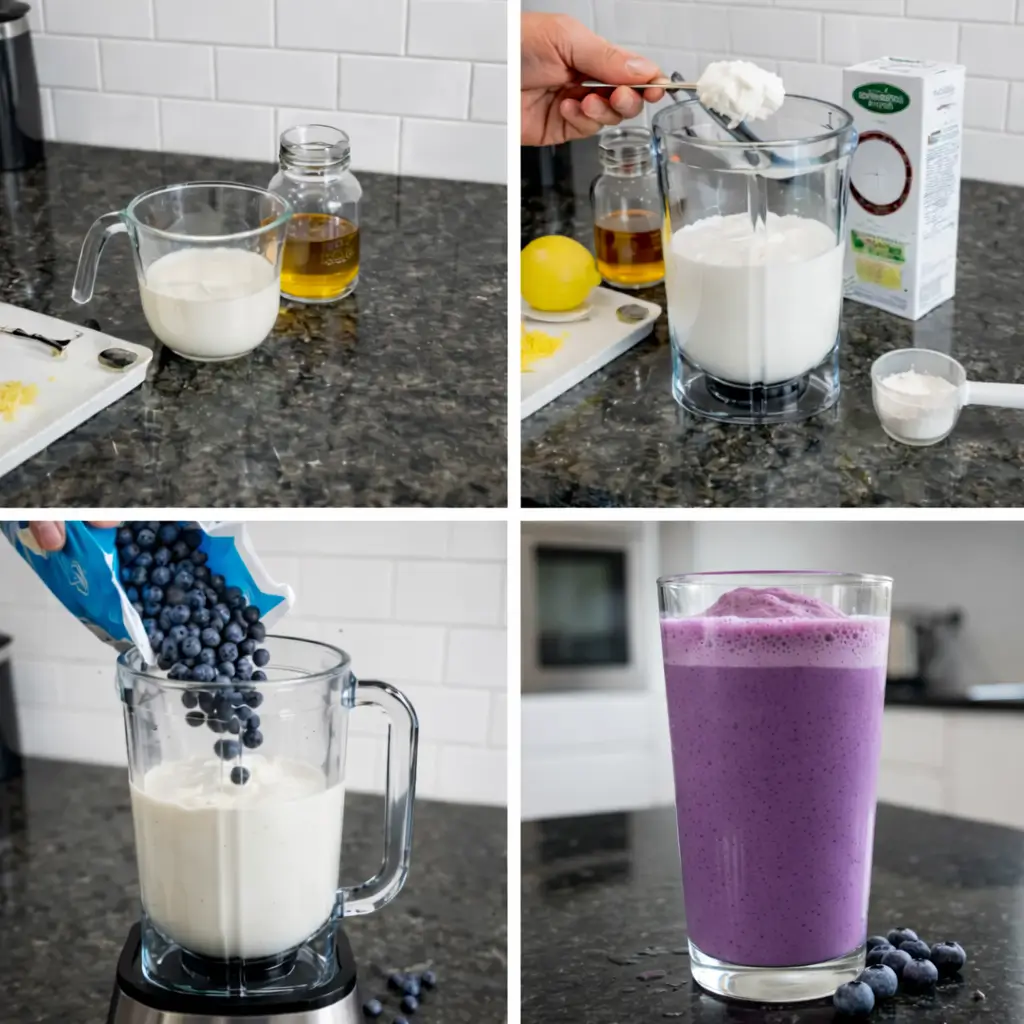 blueberry-lemonade-smoothie-prep Blending ingredients for a homemade blueberry lemonade smoothie.