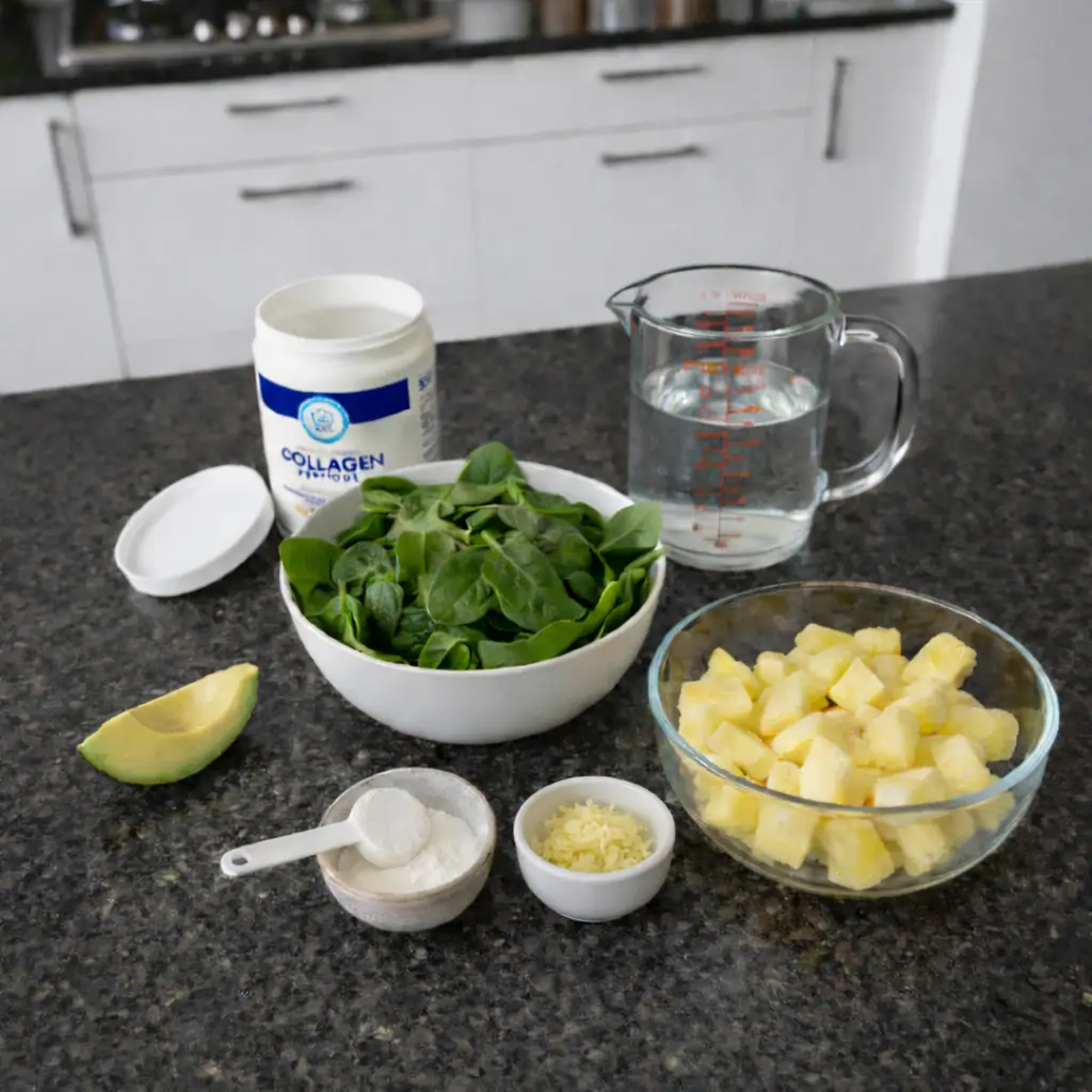 clear-skin-smoothie-ingredients Fresh ingredients for clear skin smoothie: spinach, berries, banana, and almond milk.