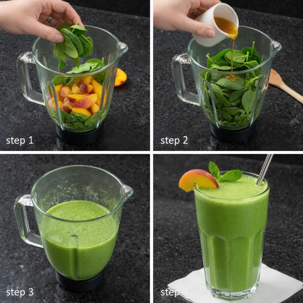 peach-spinach-smoothie-prep Blending a healthy Peach Spinach Smoothie, step-by-step prep guide.