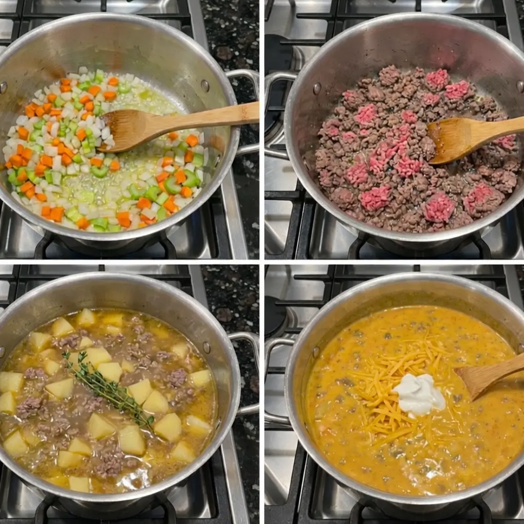 cheeseburger-soup-recipe-prep Preparing the cheeseburger soup recipe by browning ground beef in a pot.