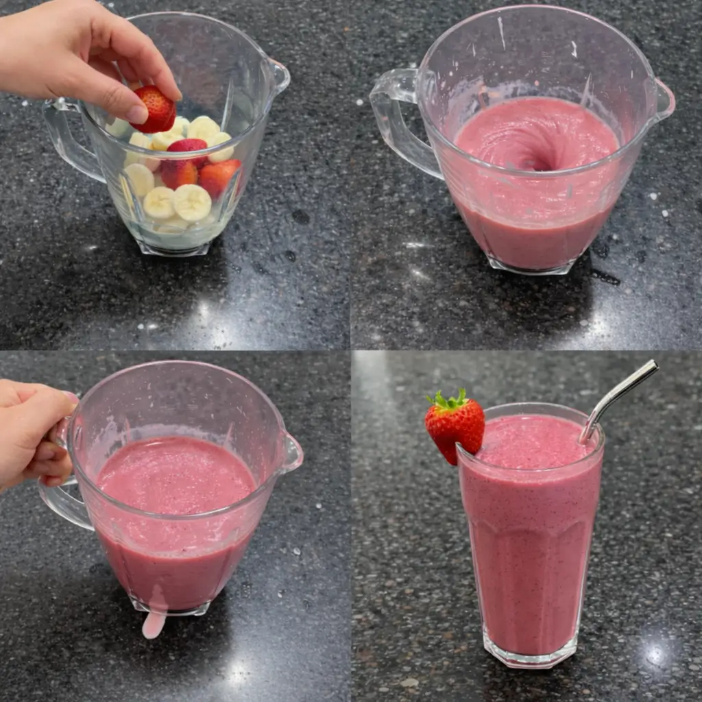 strawberry-banana-smoothie-blending Blending a strawberry banana smoothie until smooth and creamy. Easy recipe steps.
