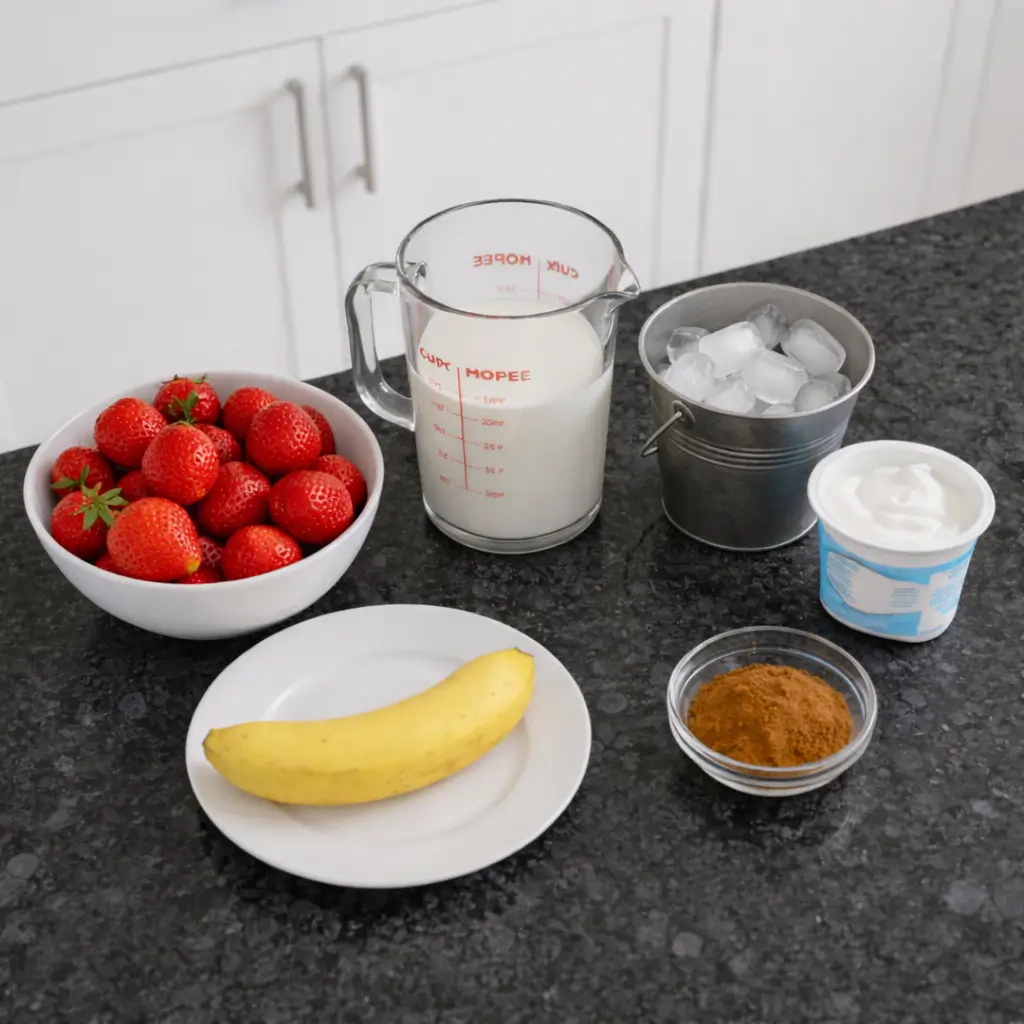 strawberry-banana-smoothie-ingredients Fresh ingredients for a strawberry banana smoothie, including strawberries and ripe bananas.
