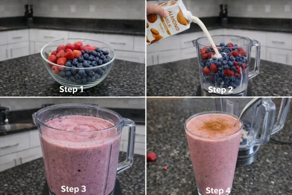 strawberry-blueberry-smoothie-blending Blending strawberries and blueberries into a creamy smoothie.