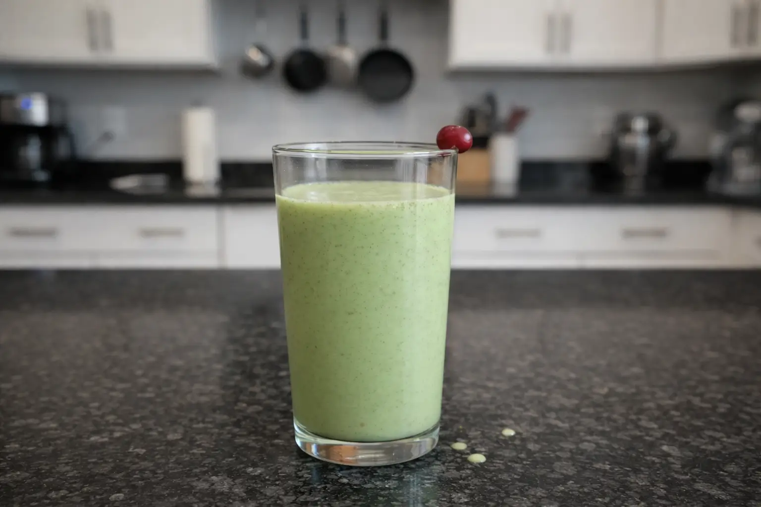 Vibrant cranberry spinach smoothie in a glass, garnished with fresh cranberries and spinach.