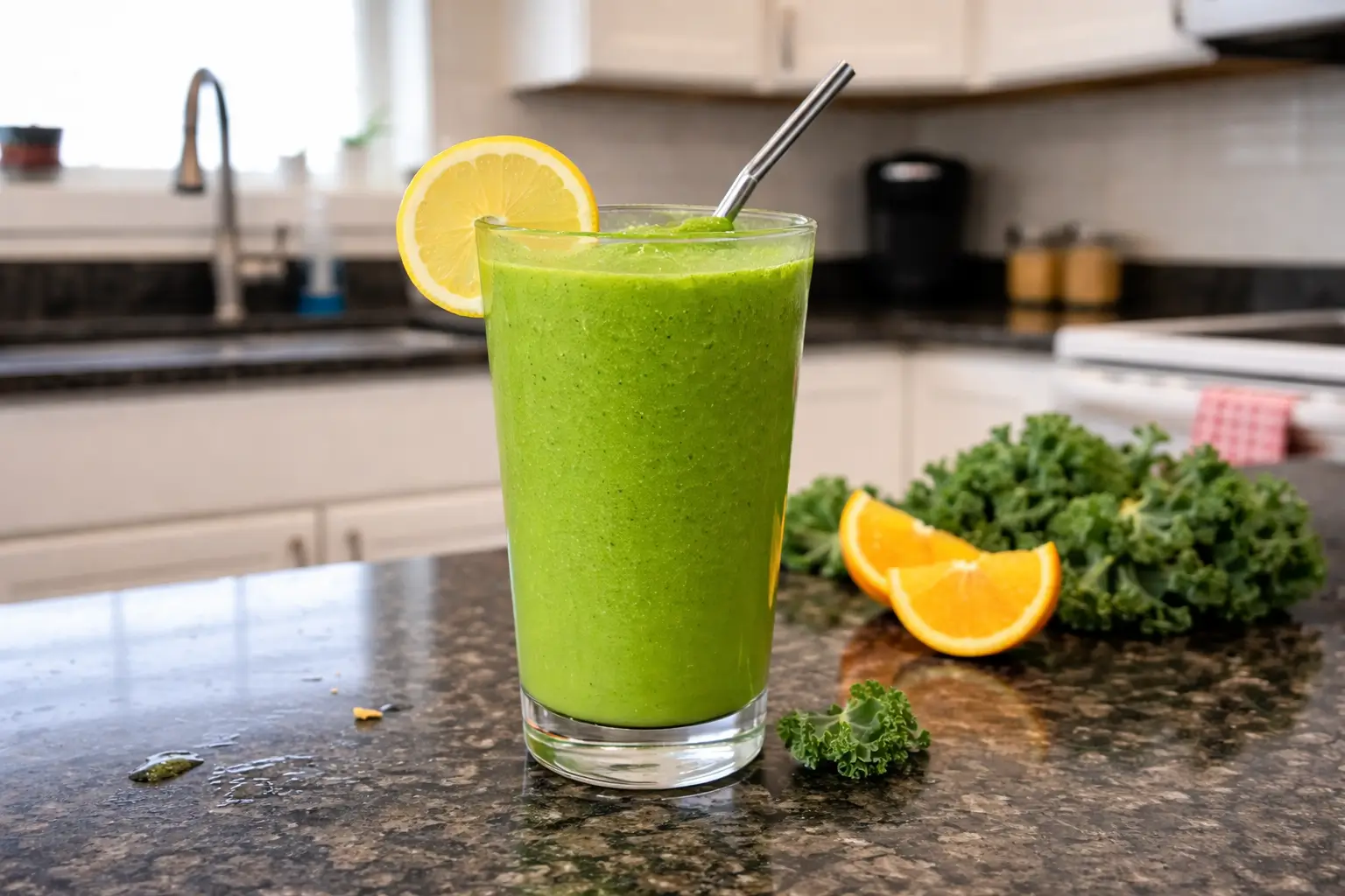 Vibrant Kale Citrus Smoothie in a glass, garnished with orange slice