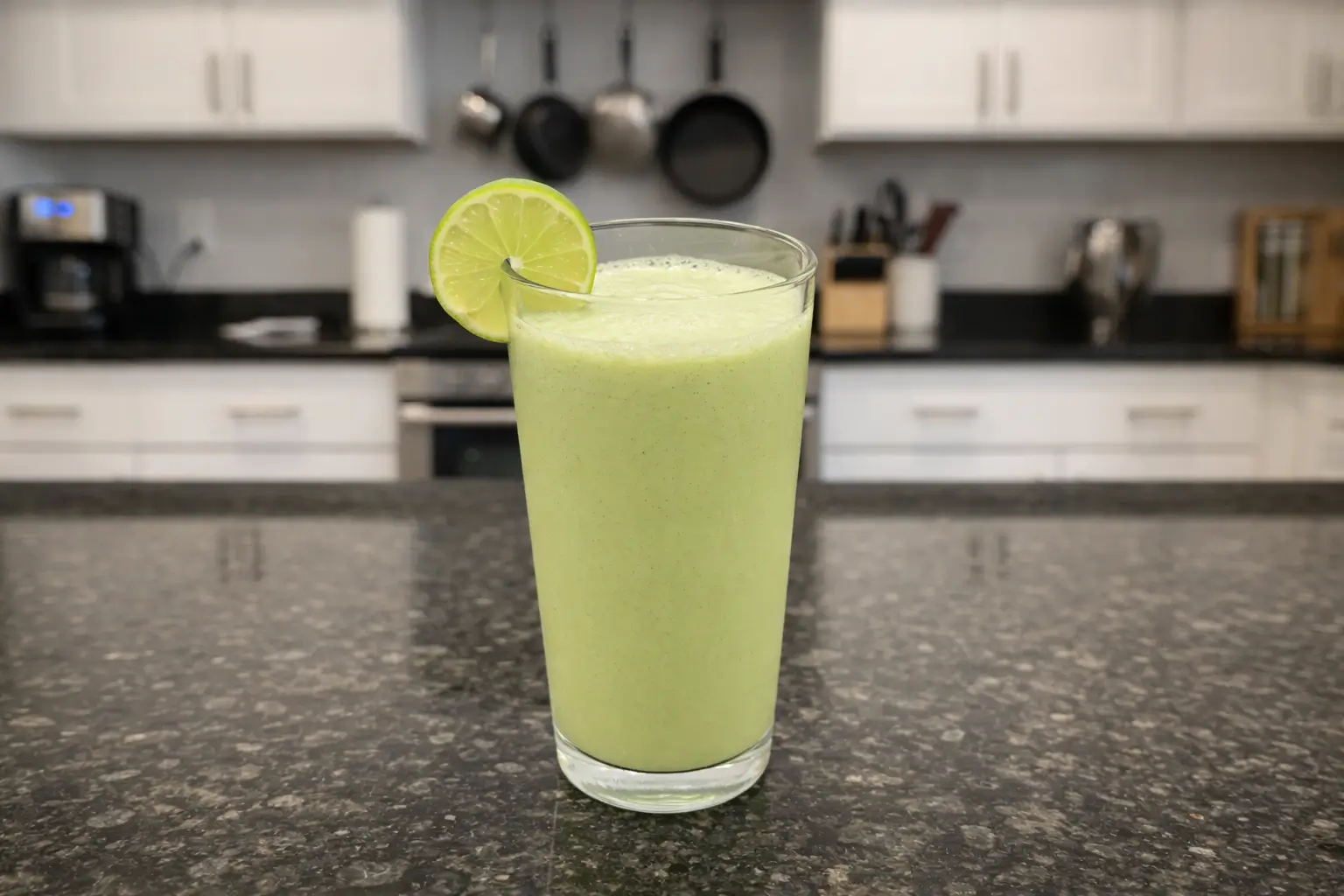 Vibrant green Spinach Papaya Smoothie in a glass, garnished with papaya.