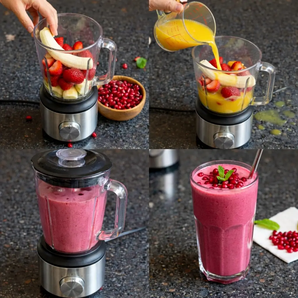 pomegranate-smoothie-ingredients Blending a homemade pomegranate smoothie.