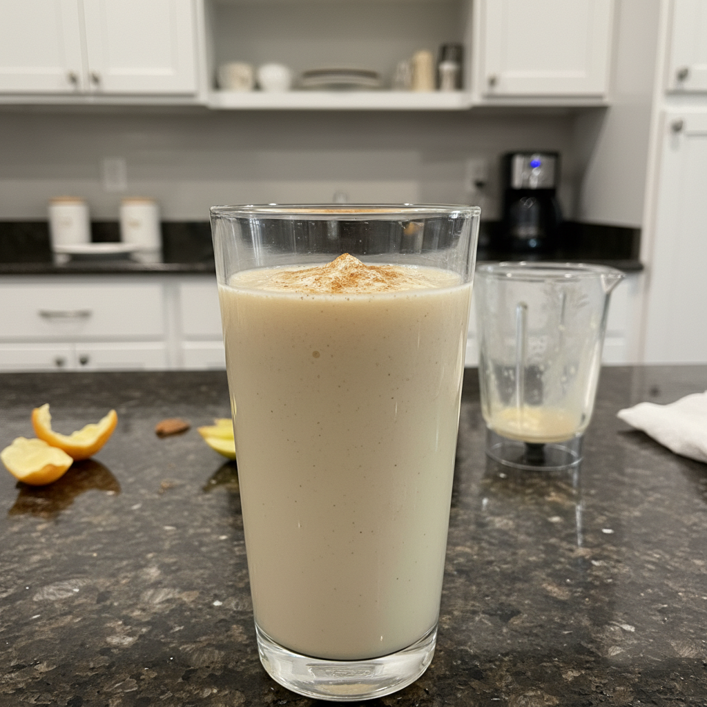 Delicious acid reflux smoothie in a glass with fresh fruit.