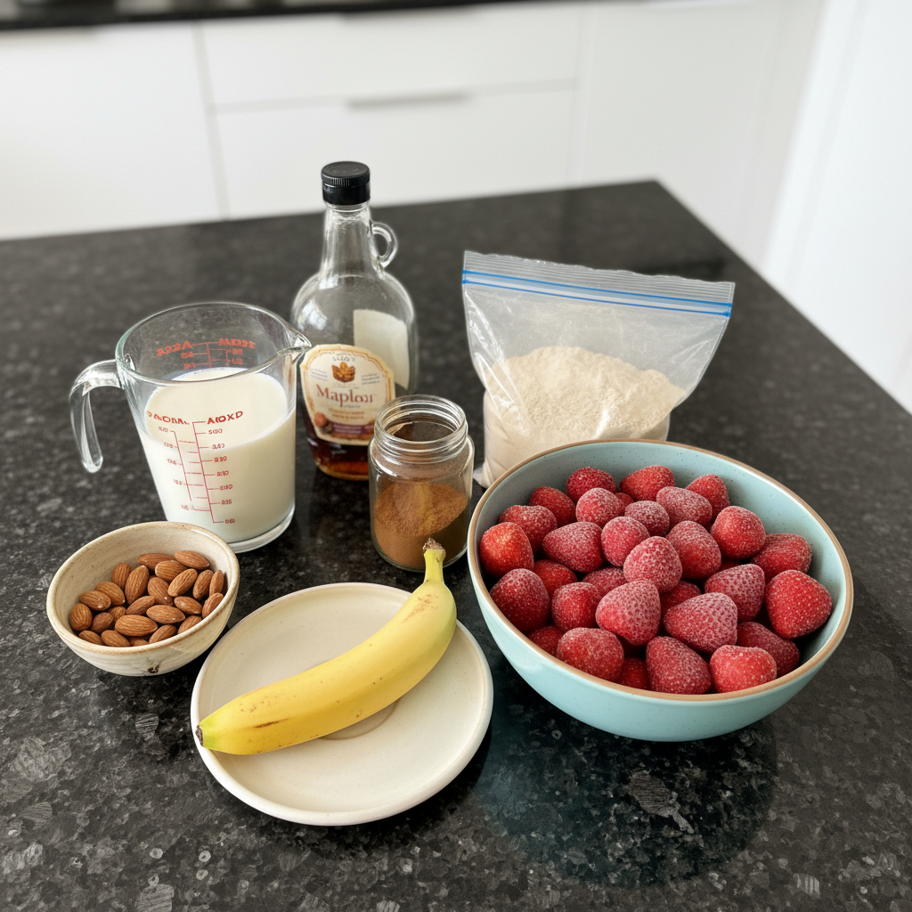Almond smoothie ingredients: almonds, milk, banana, and honey.