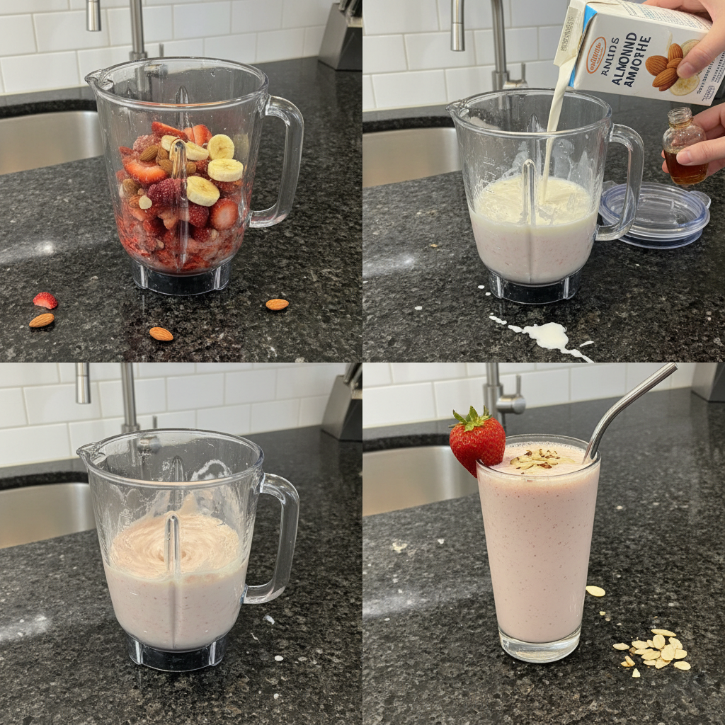 Blending ingredients for an almond smoothie in a blender.