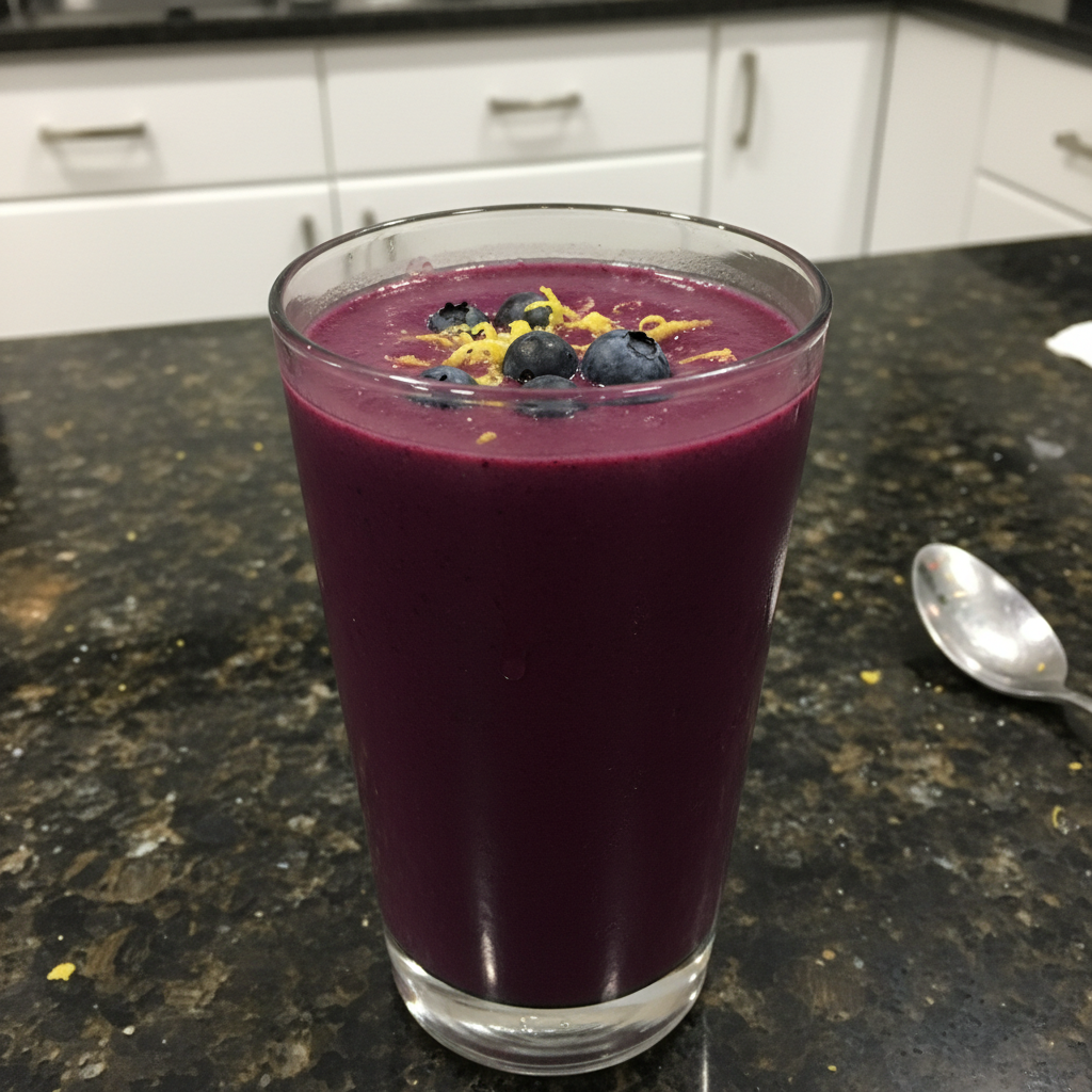 Vibrant anti inflammatory smoothie in a glass, topped with berries.