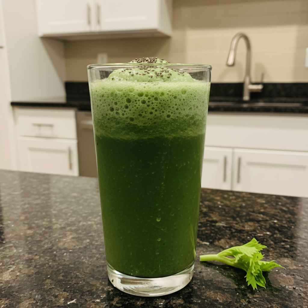 Vibrant green apple celery smoothie in a glass, garnished with apple slices.