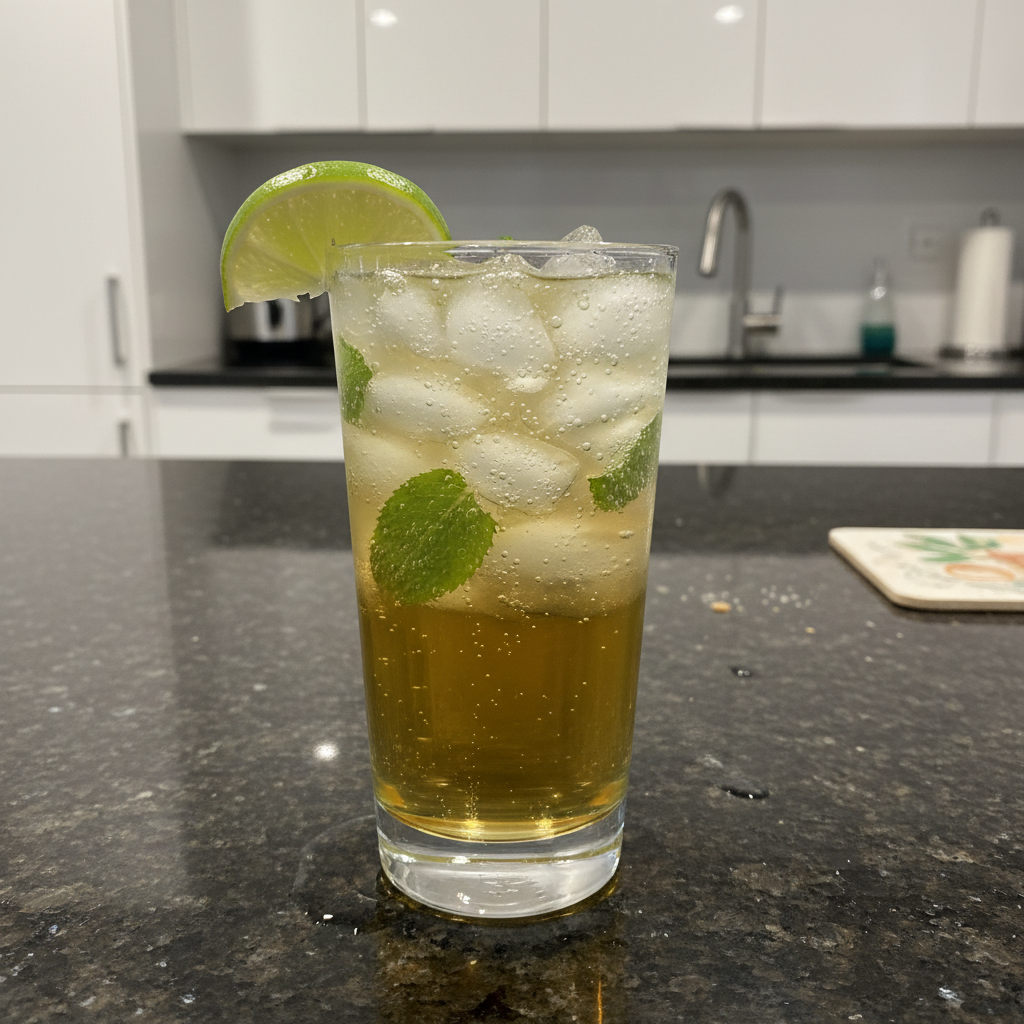 Refreshing apple cider vinegar drink in a clear glass with ice and apple slices.