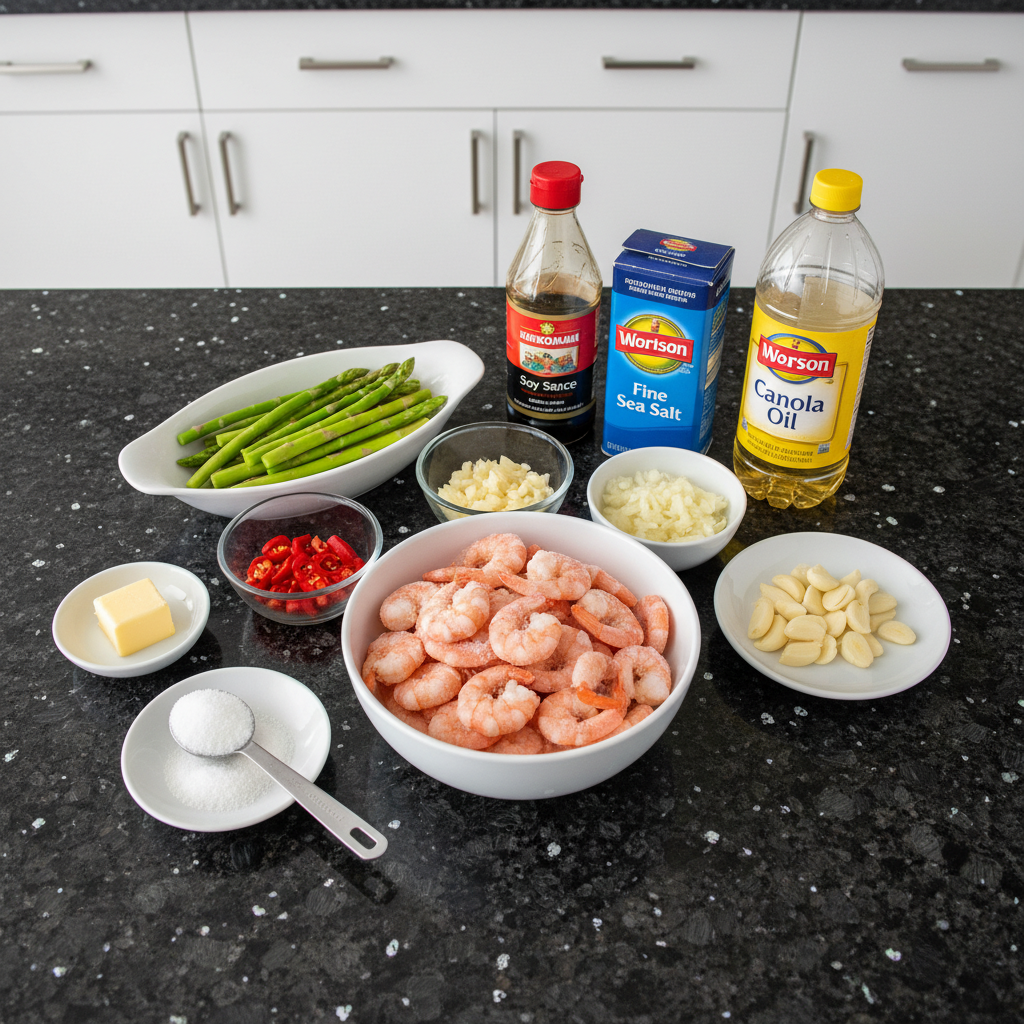 Fresh ingredients for cooking asparagus stir fry at home.