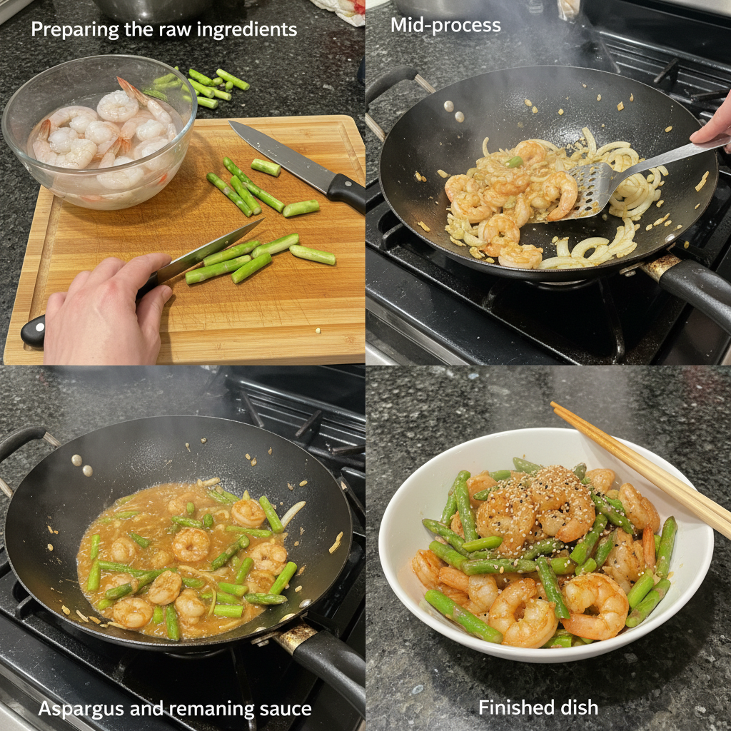 Preparing the asparagus stir fry in a wok.