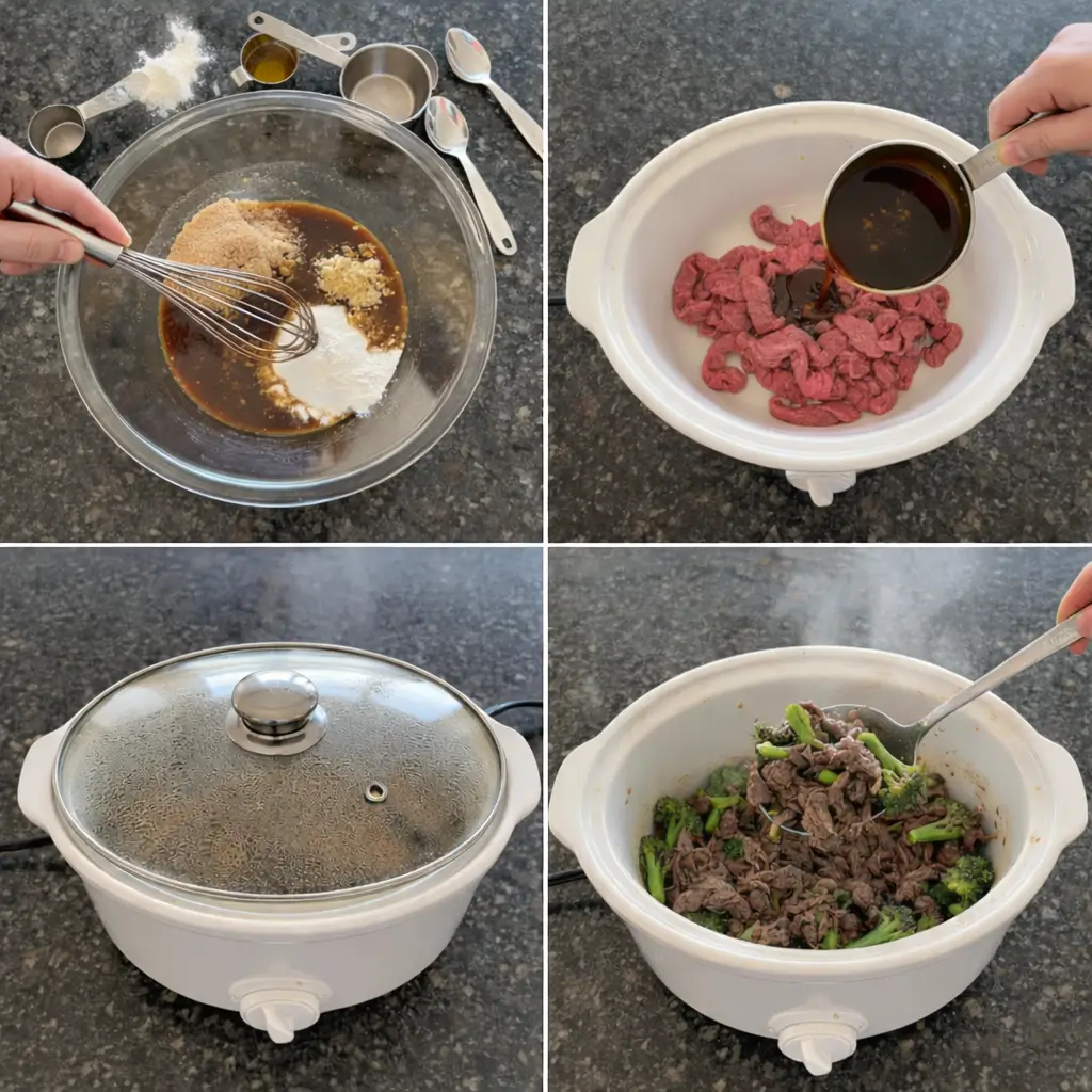 slow-cooker-beef-and-broccoli-prep Preparing slow cooker beef and broccoli in a crockpot.