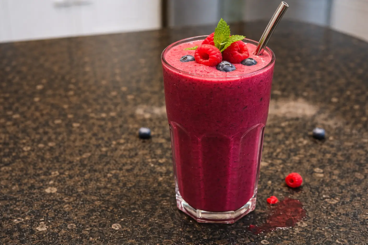 Vibrant berry smoothie in a glass, topped with fresh berries and mint.
