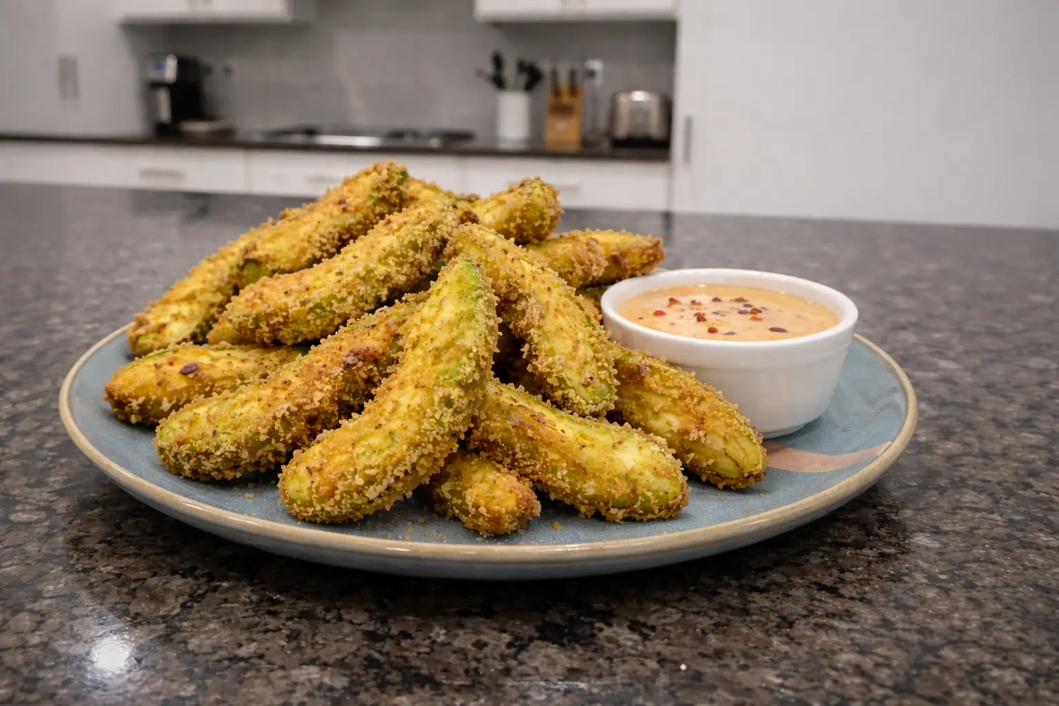 Crispy avocado fries served with dipping sauce, a delicious appetizer.